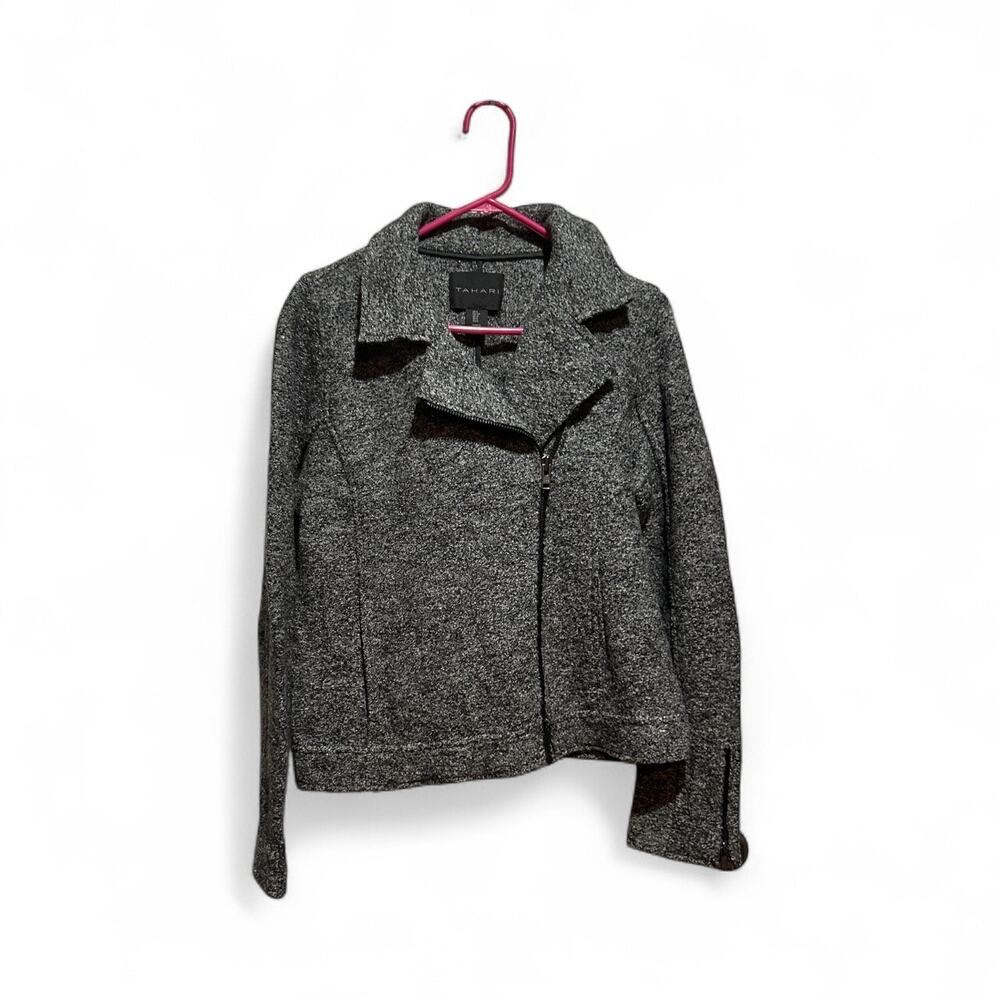Tahari Asymmetrical Zip Jacket Gray Small Moto Long Sleeve Women Coat Classic
